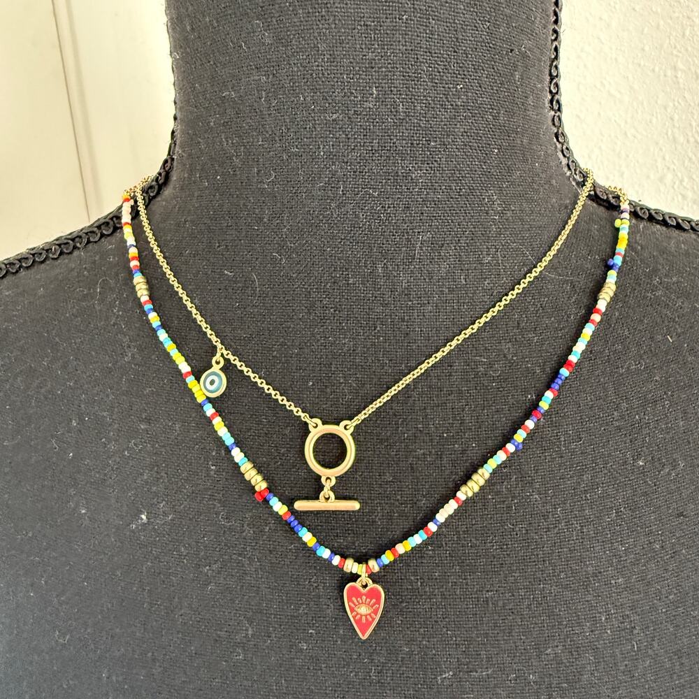 NWOT Lucky Brand Multi Strand Gold Metal and Bead Necklace Set Evil Eye